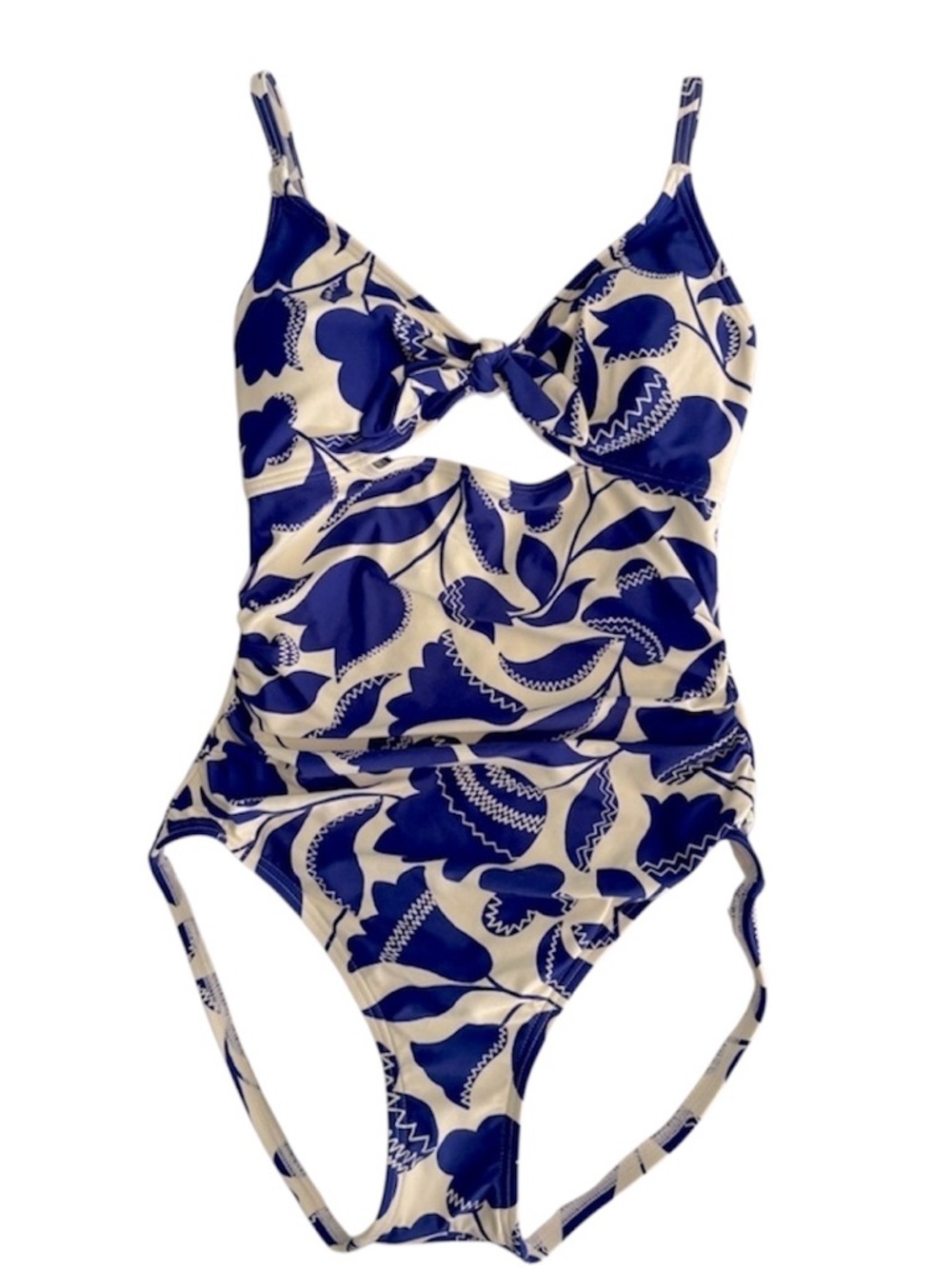 KATE SPADE Swimsuit Cutout Bow Zigzag Blue Floral One Piece Bathing Suit Sz S